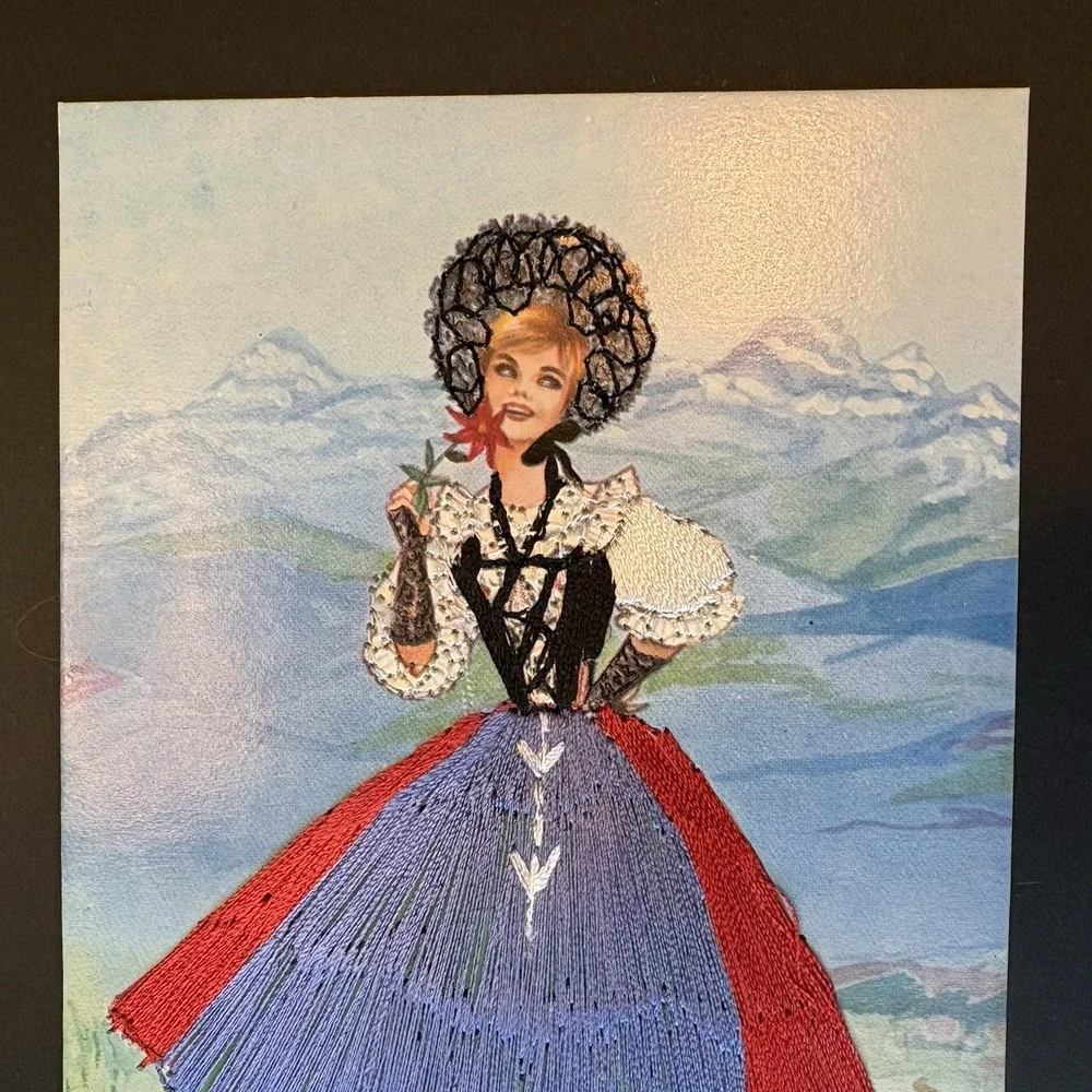 Vintage Embroidered Card‎ of Woman Wearing Swiss National Costume Blue Red